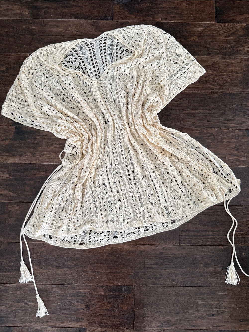 Crocheted Open Weave Drawstring Top in Cream